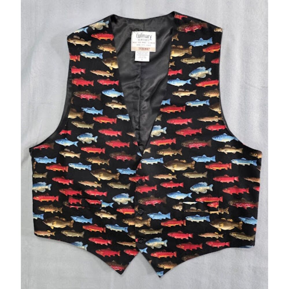 Culinary Classics Mens Large Fish Trout Print Server Catering Vest Novelty PECO